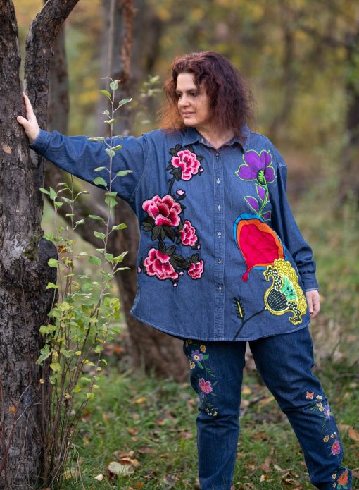 Embroidered denim shirt, bohemian maternity shirt, boho plus size shirt, hippie shirt - Image 3