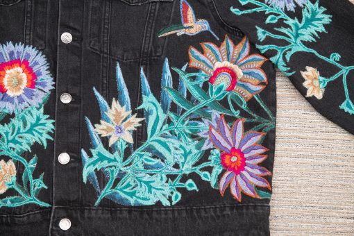 Up-cycled denim jacket "Midnight Song", embroidered boho hippie festival jacket - Image 4