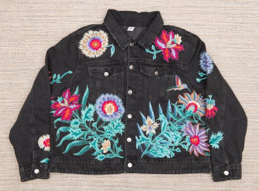 Up-cycled denim jacket "Midnight Song", embroidered boho hippie festival jacket - Image 6