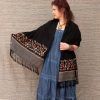 Black embroidery boho scarf, big ethnic fringe scarf