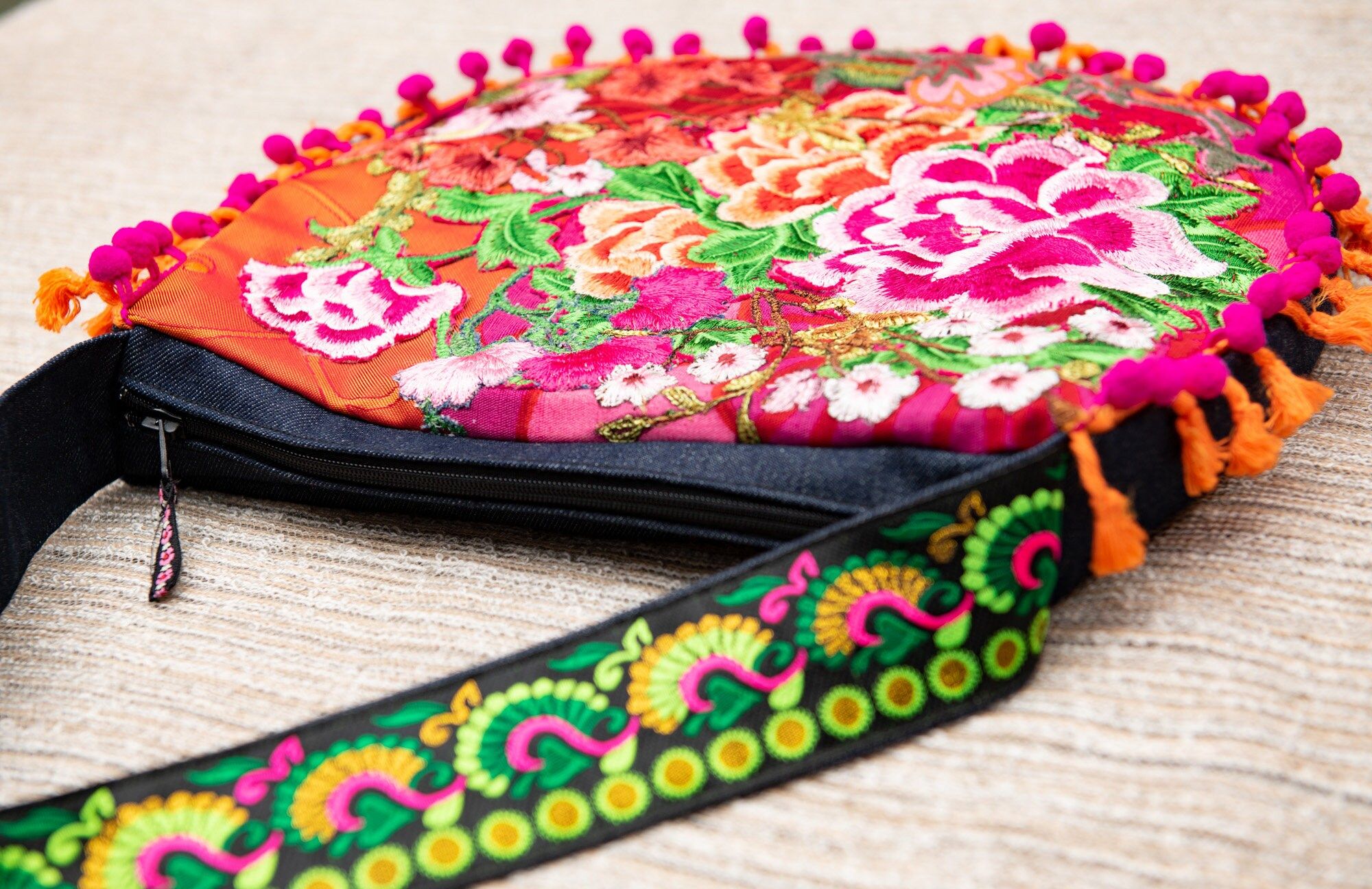 Embroidered boho denim bag Morning Glow, ethnic festival bag